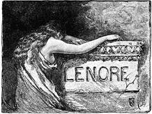 Title engraving from Lenore by Edgar Allan Poe, Lenore over engraved stone.